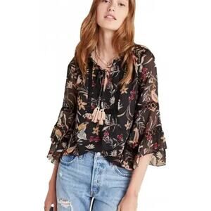 Anthropologie Maeve Odette Blouse Black Floral Bell Sleeves Crochet Women Medium